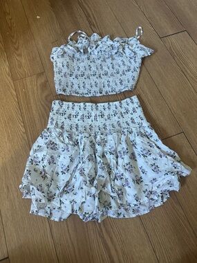 Floral Smocked Two-Piece Set — White with Lavender Roses